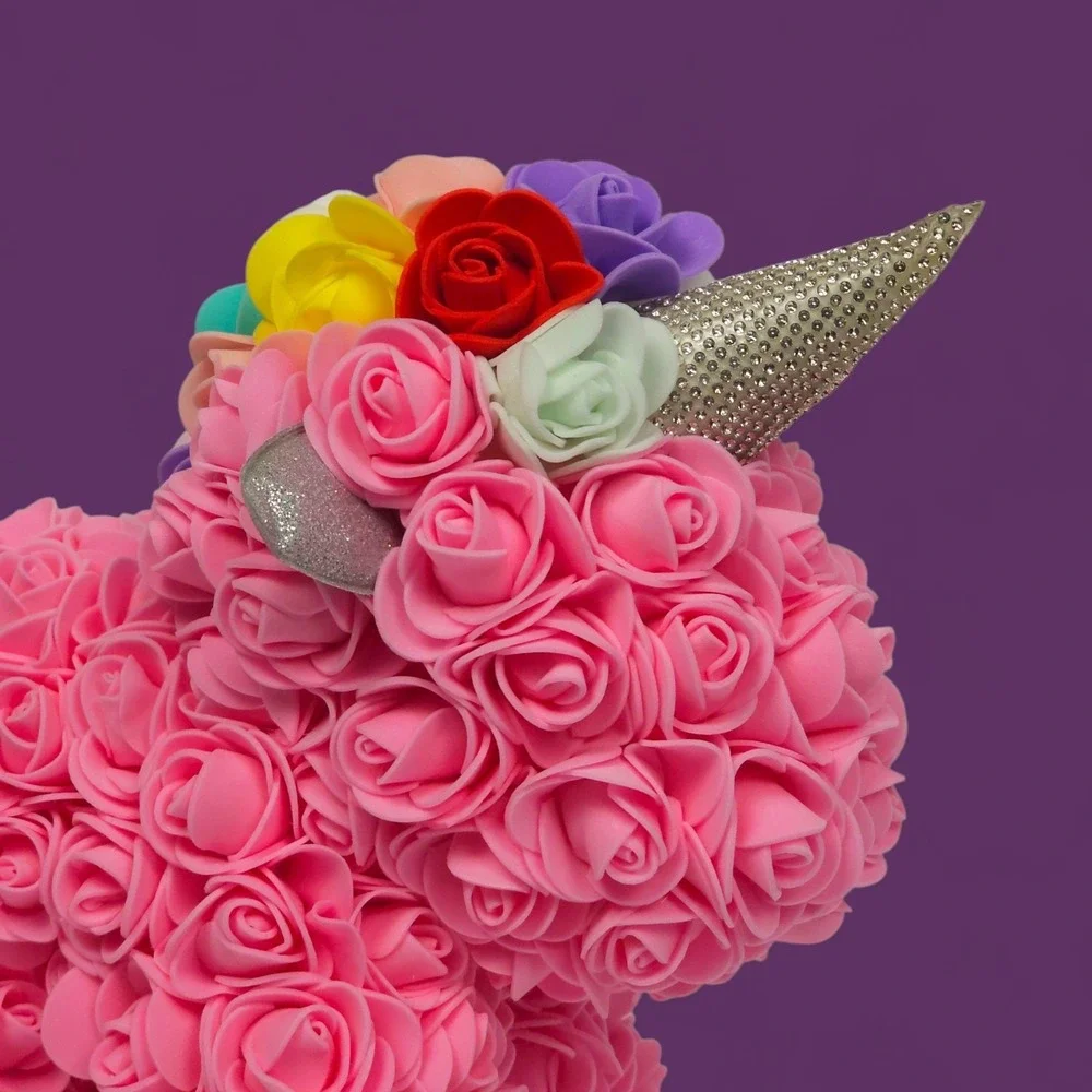 Rose Unicorn Gift - Pink Foam Flowers, Rainbow Mane, 